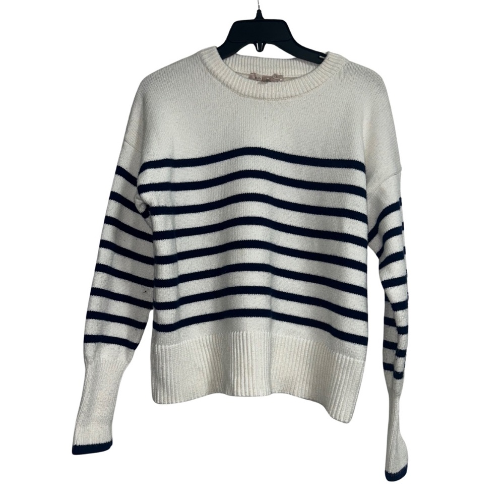White Sweater With Navy Stripes
